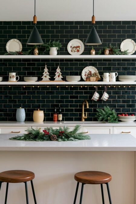 kitchen with black backsplash and Christmas-themed serving dishes on the open shelving