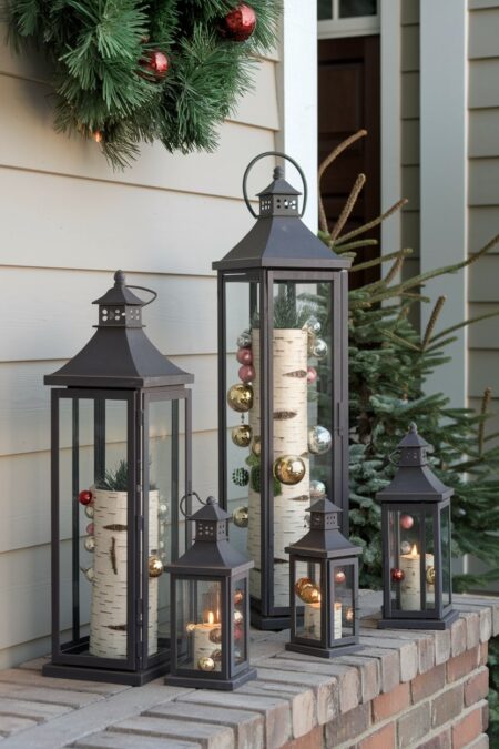 lantern groupings with birch logs and ornaments as outdoor Christmas decor