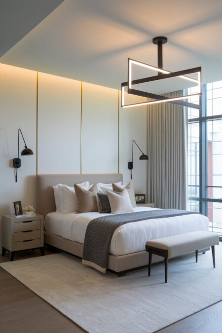 light contemporary bedroom with a black minimalist geometric ceiling light and wall sconces with articulated arms