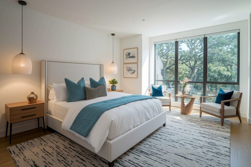 18 Contemporary Bedroom Ideas to Elevate Your Modern Home light contemporary bedroom with blue accents and wooden armchairs