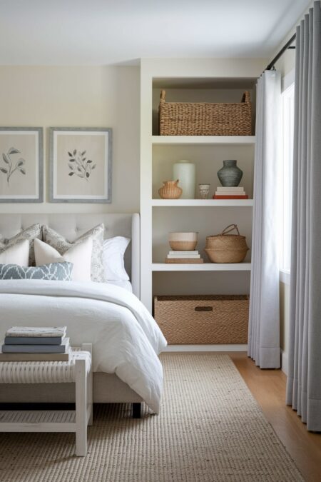 light cozy bedroom with decorative woven baskets for storage on the shelves