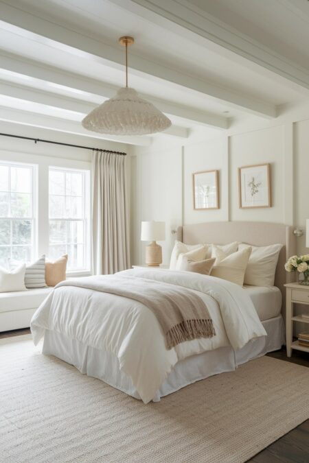 light farmhouse bedroom in a neutral color palette