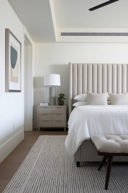 light neutral contemporary bedroom with tall channel tufted headboard and area rug with a subtle linear pattern