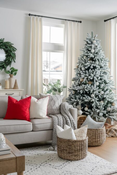 living room with with cozy throw pillows and blanket in festive colors, Christmas tree