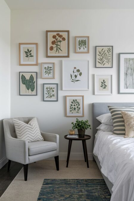 master bedroom has a gallery wall with botanical prints next to the bed, a dark bedside table, and a gray armchair