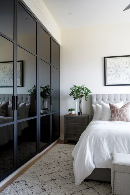 master bedroom has a wardrobe with black toned mirror doors