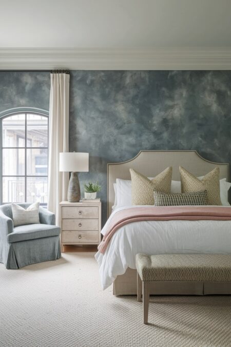 master bedroom with a blue limewashed accent wall, pink throw blanket, and blue armchair cover