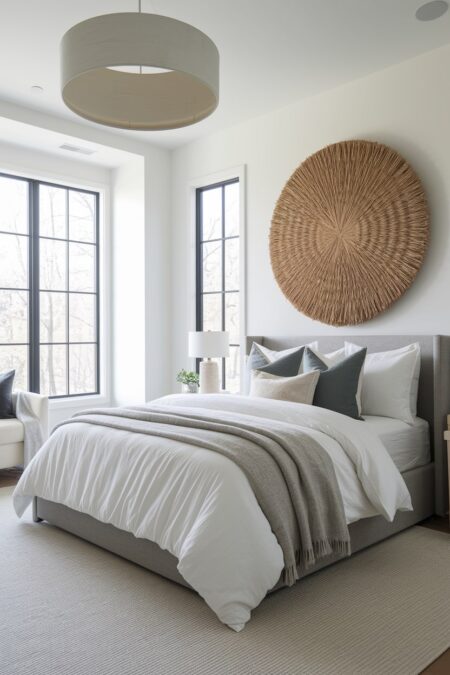 master bedroom with a round raffia wall decor above the headboard