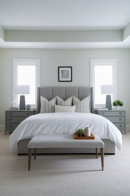 master bedroom with gray furniture, identical nightstands and matching table lamps, white bedding