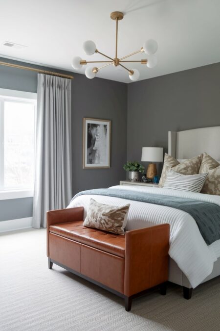 master bedroom with gray walls and leather bed bench with storage