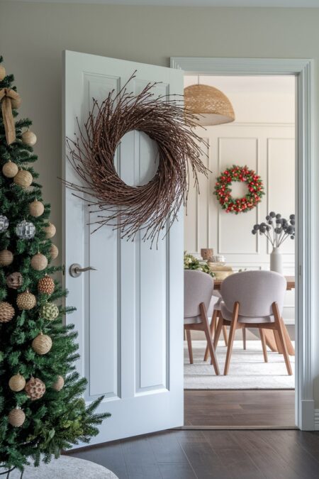 minimalist rustic wreath on the interior door as Christmas decor