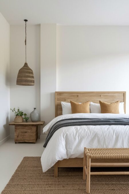 modern bedroom performed in Japandi design style with light walls, wooden furniture, and jute rug