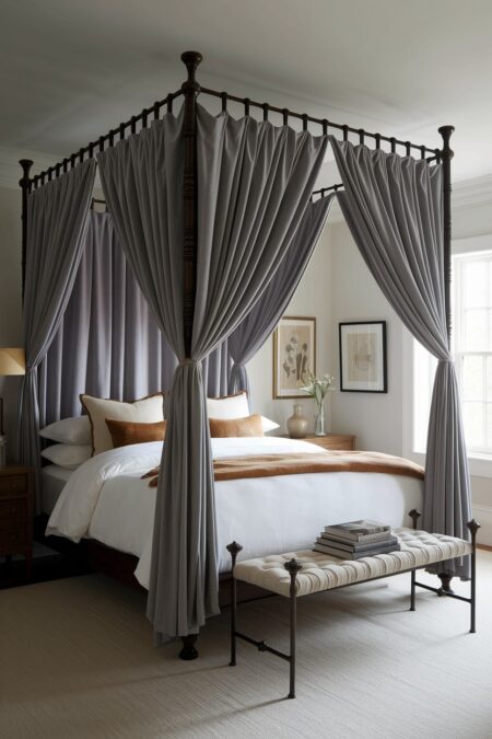 modern bedroom with a dark vintage style four-poster bed