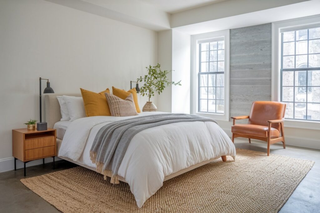 15 Modern Bedroom Ideas That Create a Stylish Space for Rest modern bedroom with a leather armchair, yellow accent pillows, and jute rug