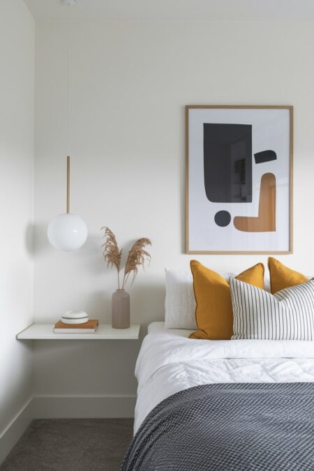 modern bedroom with an abstract art above the bed, floating shelf as nightstand, and pendant light