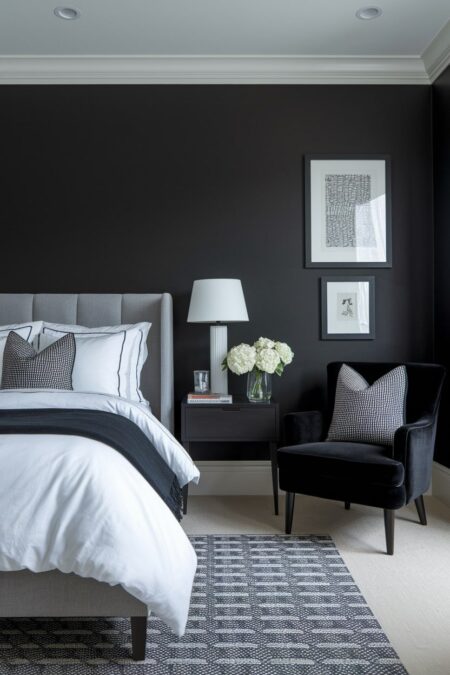 modern bedroom with black walls, gray bed frame, and black velvet armchair