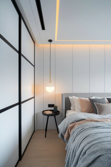 modern bedroom with concealed speakers, smart lighting system, white walls, and sliding wardrobe doors