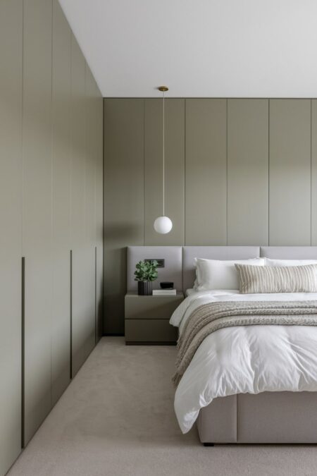 modern bedroom with floor-to-ceiling built-in wardrobe same color as wall panels