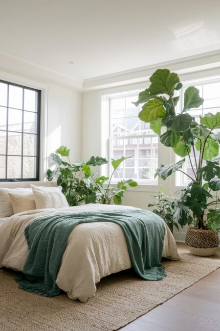 modern bedroom with linen bedding, jute rug, and multiple fiddle leaf figs