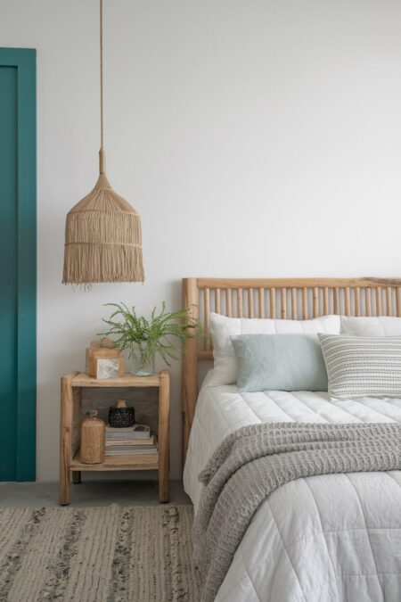 modern bedroom with sustainable bamboo furniture and organic bedding