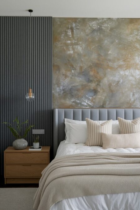 modern bedroom with textural wall that has Venetian plaster finish and vertical gray paneling