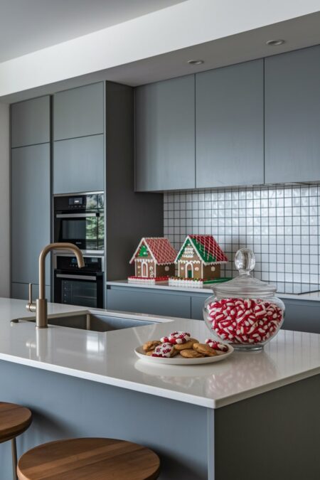 modern gray kitchen with gingerbread houses and festive cookies as Christmas decor