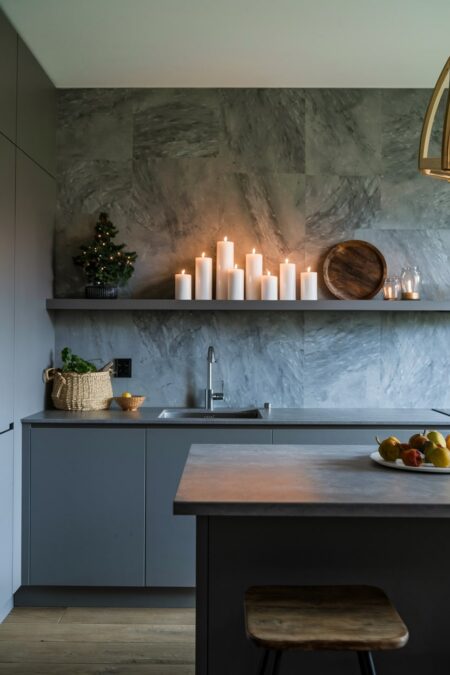 modern gray kitchen with pillar candles on the open shelf as Christmas decor