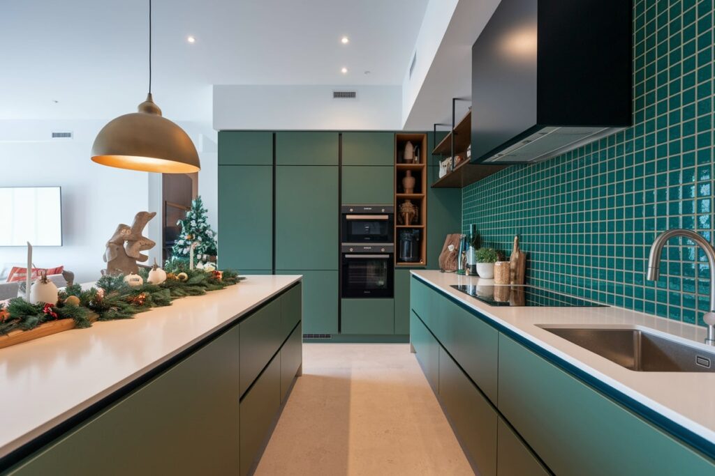 modern green kitchen with island and Christmas decor on the countertop