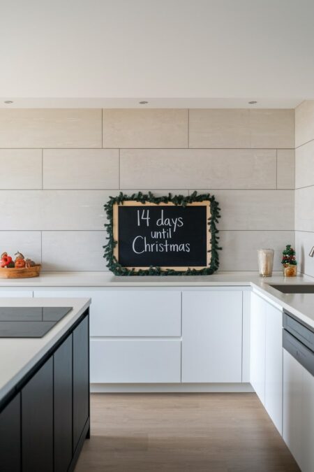 modern kitchen with a holiday message board showing days until Christmas