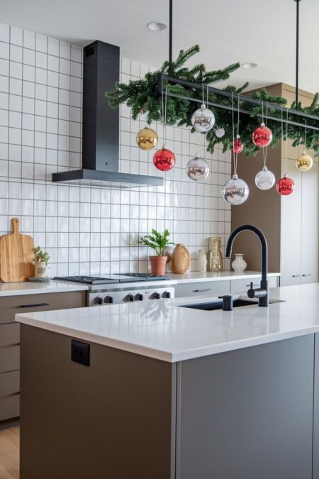 modern kitchen with faux greenery and ornaments over kitchen island as Christmas decor