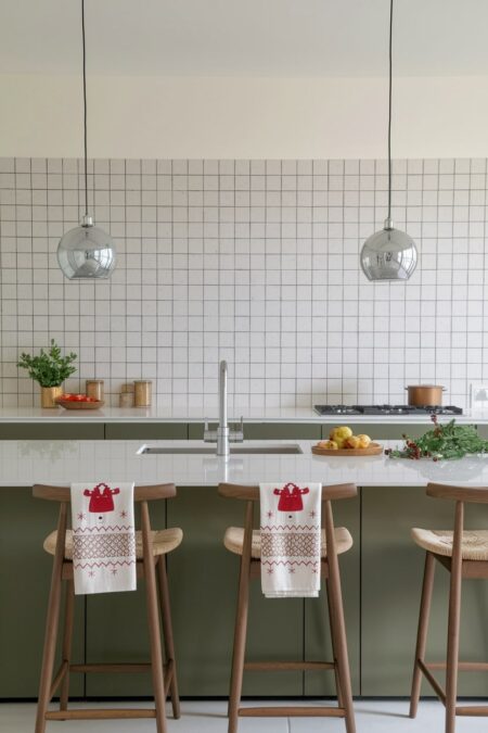 modern olive green kitchen with white tile and Christmas-themed kitchen linens