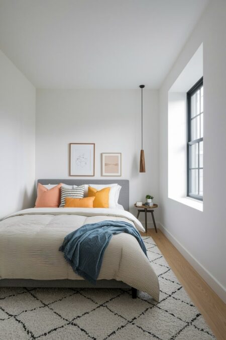 narrow small bedroom with white walls and gray bed positioned in the corner, yellow accent pillows