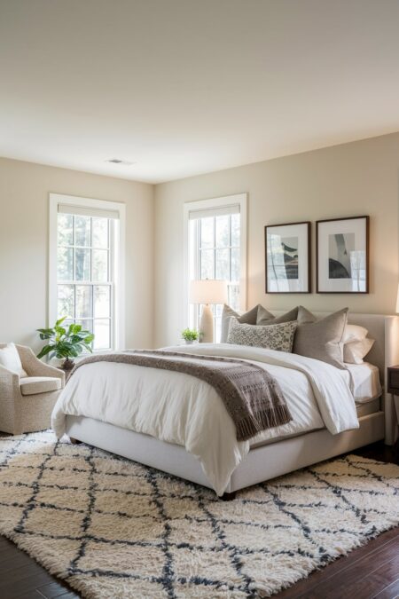neutral cozy bedroom with a plush area rug, taupe throw blanket and pillows