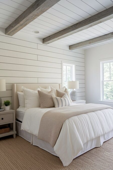 neutral farmhouse bedroom with a shiplap accent wall and exposed beams