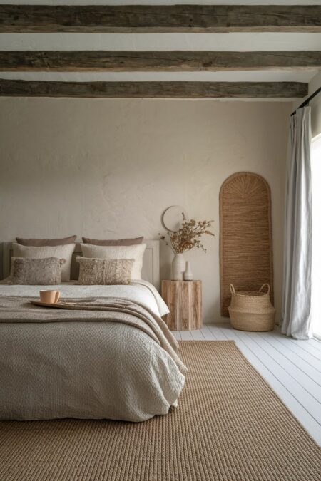 neutral rustic bedroom with jute rug, wood nightstand, and exposed ceiling beams