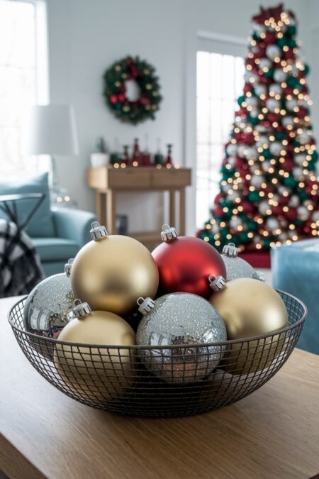 oversized ornaments in a wire basket on the coffee table in the living room with Christmas tree