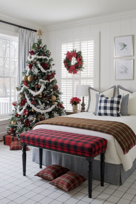 plaid and tartan textiles and Christmas tree in the bedroom