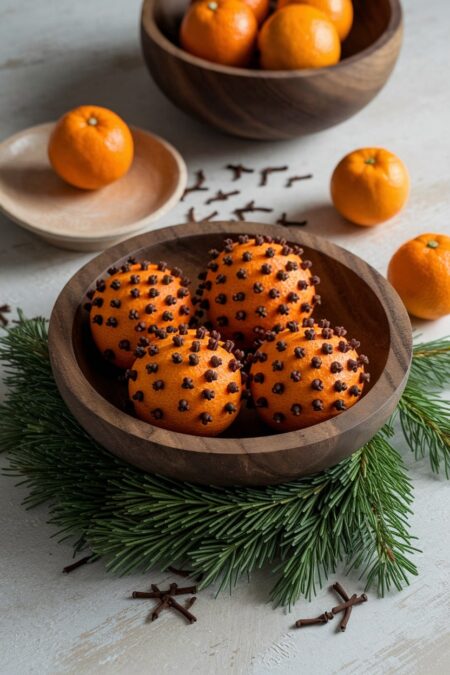 pomanders in wooden bowls as Christmas decor