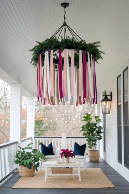 ribbon chandelier as Christmas decor on the covered porch