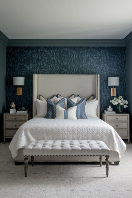 romantic bedroom has an accent wall with a blue-gray wallpaper, light upholstered bed frame, and blue throw pillows