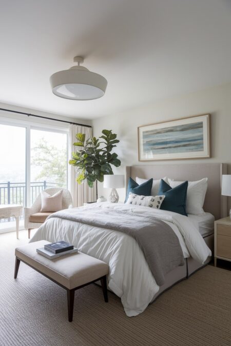 romantic bedroom with a large neutral area rug and dark blue-gray accent pillows