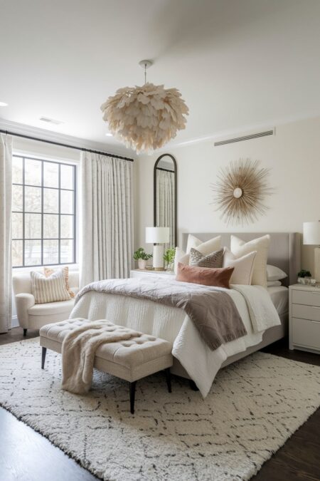 romantic bedroom with a light deep pile area rug, gray cashmere throw blanket, and brown velvet accent pillow