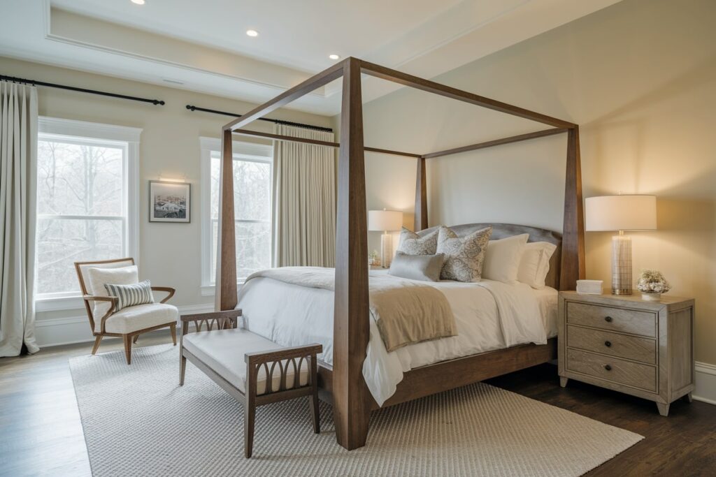 15 Romantic Bedroom Ideas for a Dreamy Couple’s Retreat romantic bedroom with cream walls and modern massive wooden four-poster bed frame