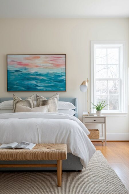 romantic bedroom with cream walls, gray upholstered bed frame, white bedding, and abstract painting in pink and blue tones