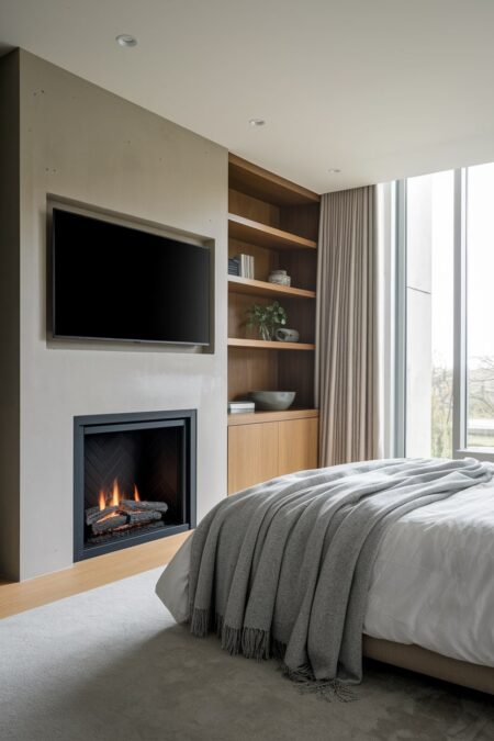 romantic bedroom with an electric fireplace and wall-mounted TV