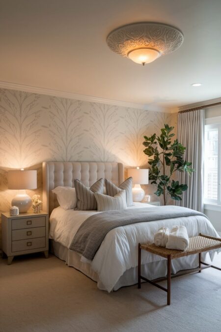 romantic bedroom with layered lighting, accent wall with a light wallpaper, and tall houseplant in the corner