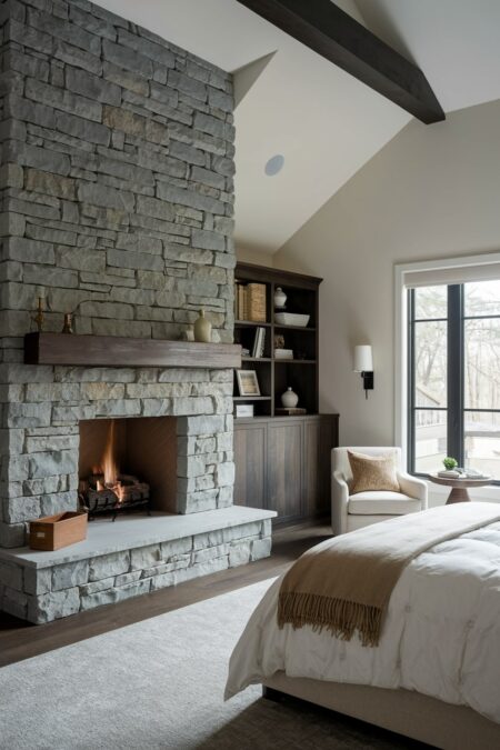 rustic bedroom with a stone fireplace, comfortable armchair, and small side table