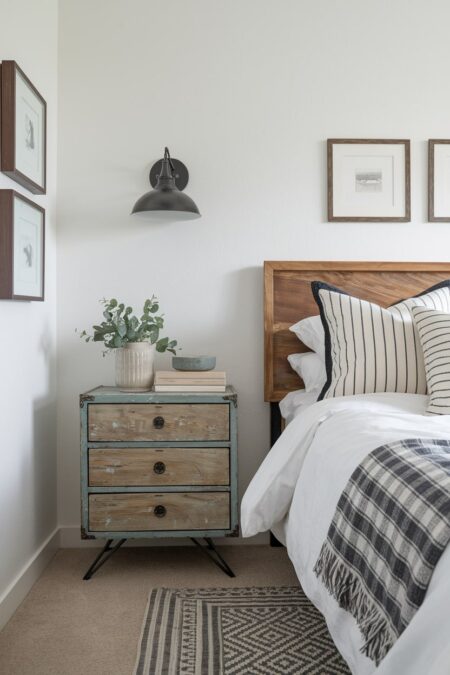 rustic bedroom with a wooden headboard, black wall sconce, distressed three-drawer wooden nightstand