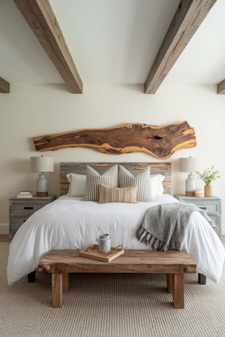 rustic bedroom with a wooden headboard, exposed ceiling beams, and live-edge wood as decor