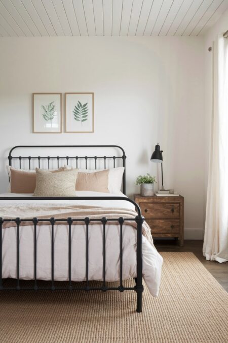 rustic bedroom with black wrought iron bed frame and jute rug
